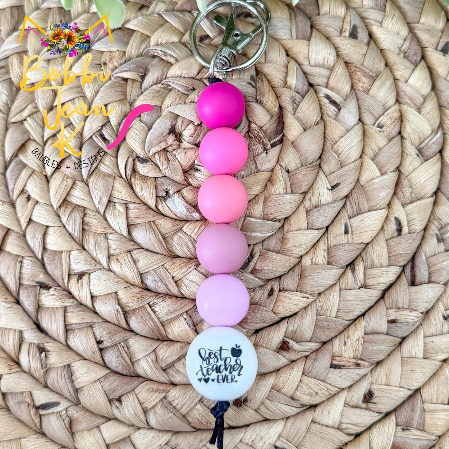 SALE: Shades of Pink Best Teacher Ever Silicone Beaded Keychain/Bag Charm - ONLY ONE LEFT