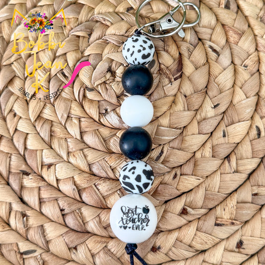 SALE: Cow Print Best Teacher Ever Silicone Beaded Keychain/Bag Charm - ONLY ONE LEFT