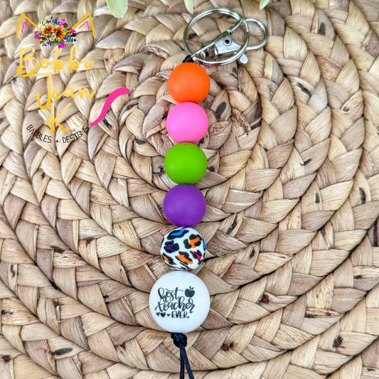 SALE: Bright Leopard Best Teacher Ever Silicone Beaded Keychain/Bag Charm - ONLY ONE LEFT