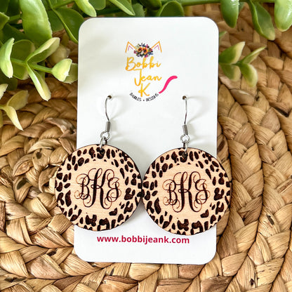 Custom Monogram Leopard Wood Engraved Earrings