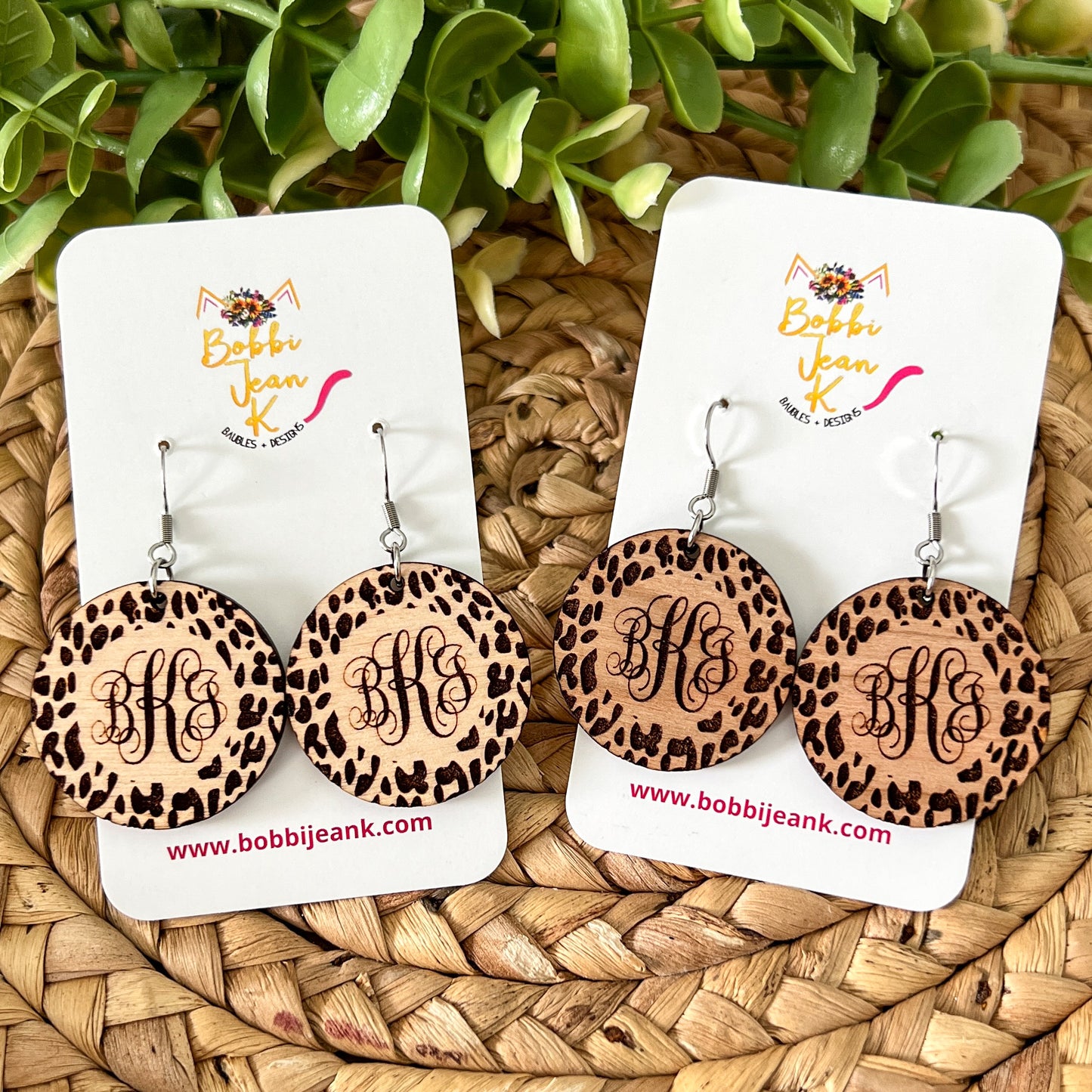 Custom Monogram Leopard Wood Engraved Earrings