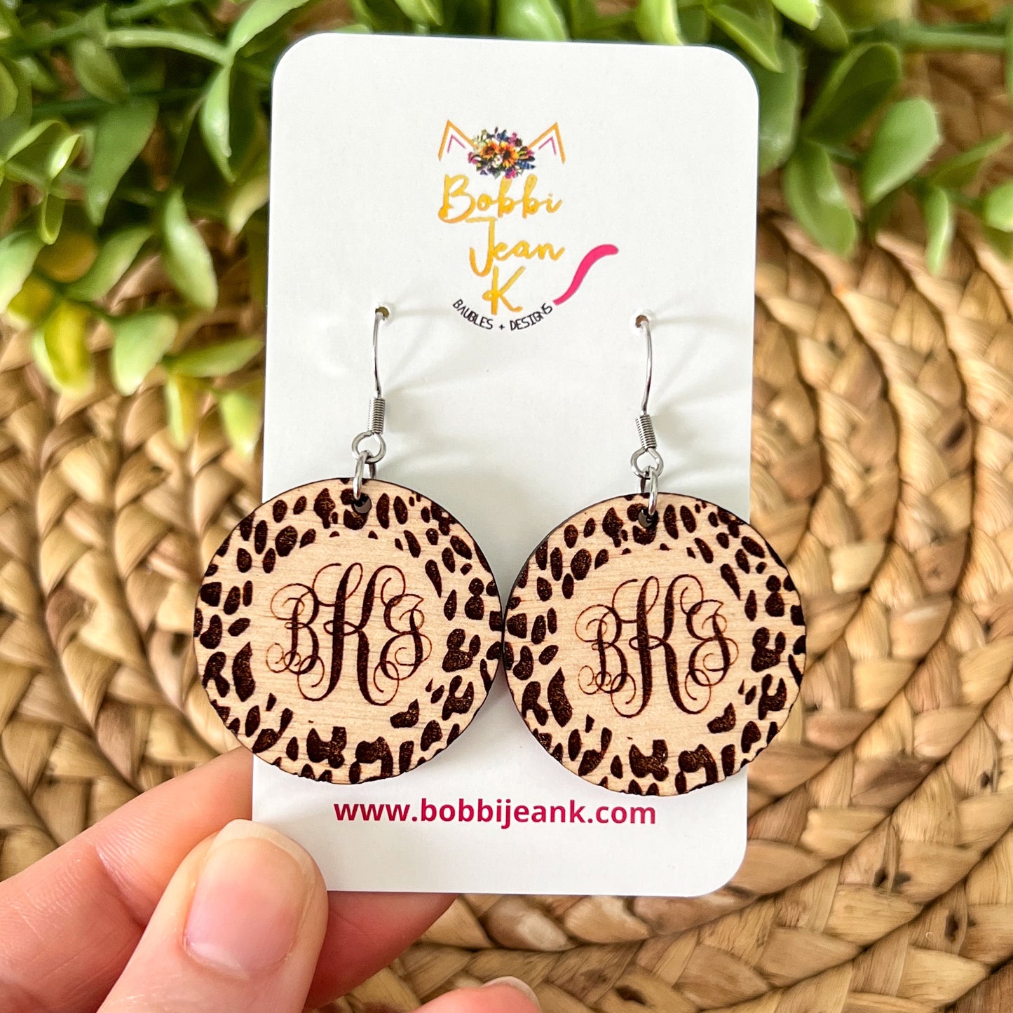 Custom Monogram Leopard Wood Engraved Earrings