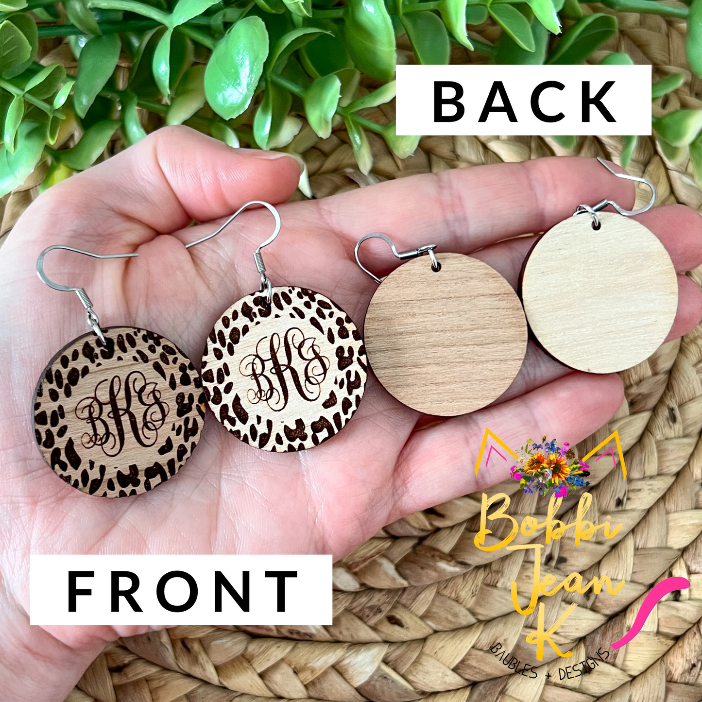 Custom Monogram Leopard Wood Engraved Earrings