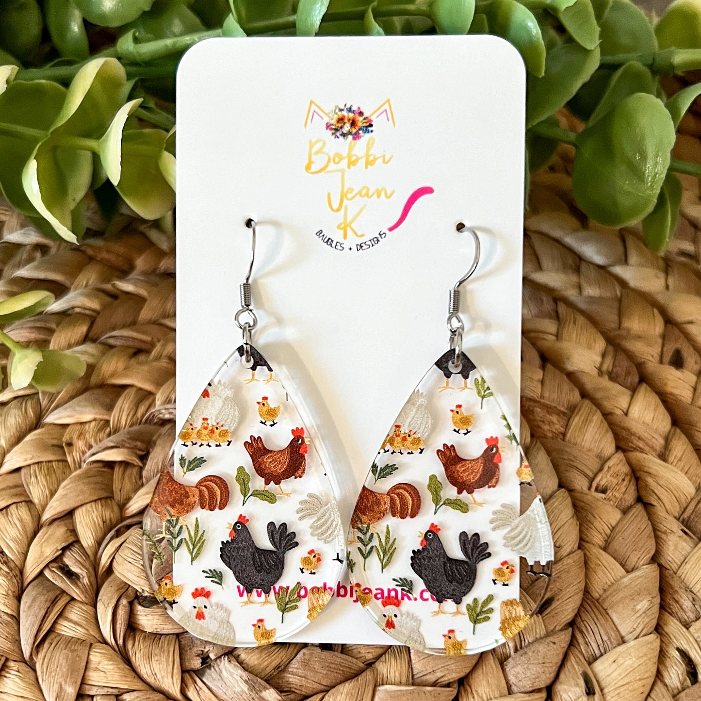Chicken Print Acrylic Earrings: Choose From 2 Styles