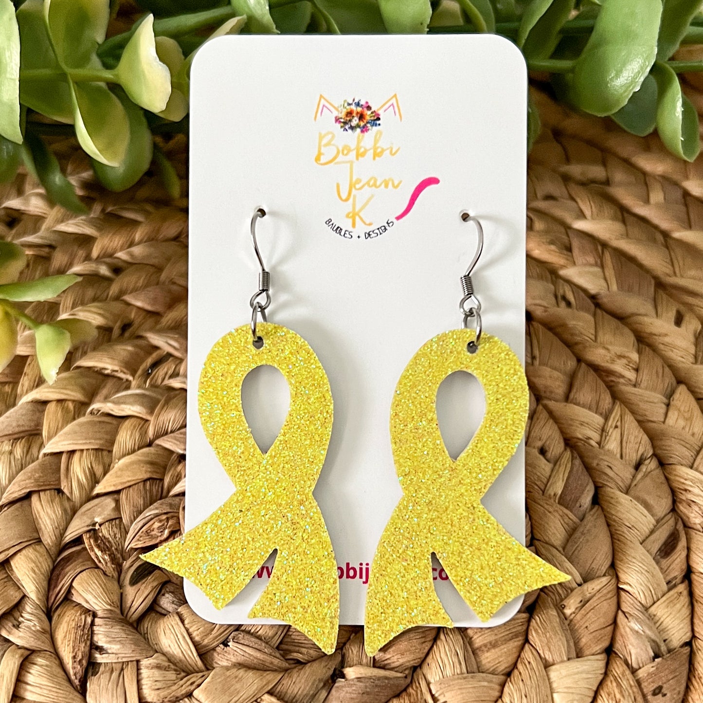 Yellow Infused Glitter "Flared" Awareness Ribbon Earrings: Sarcoma/Bone Cancer, Support Our Troops