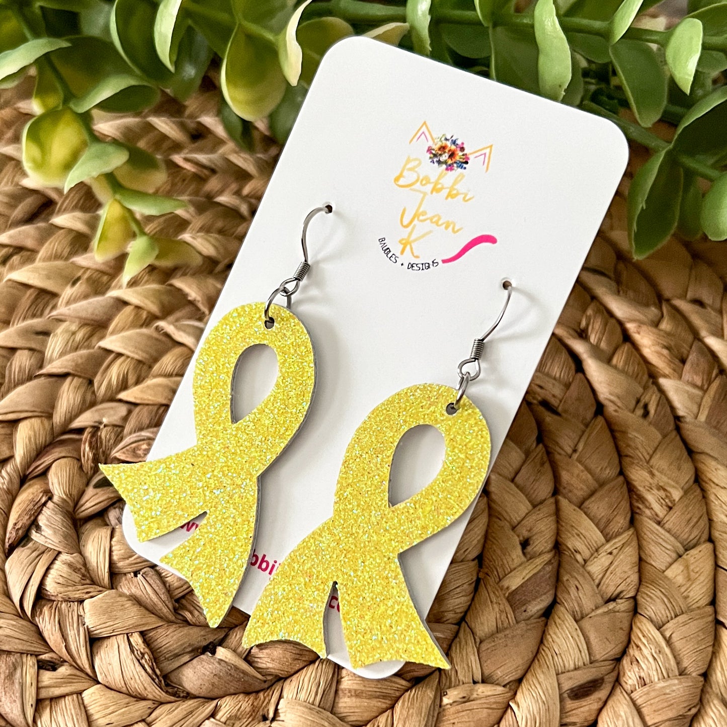 Yellow Infused Glitter "Flared" Awareness Ribbon Earrings: Sarcoma/Bone Cancer, Support Our Troops