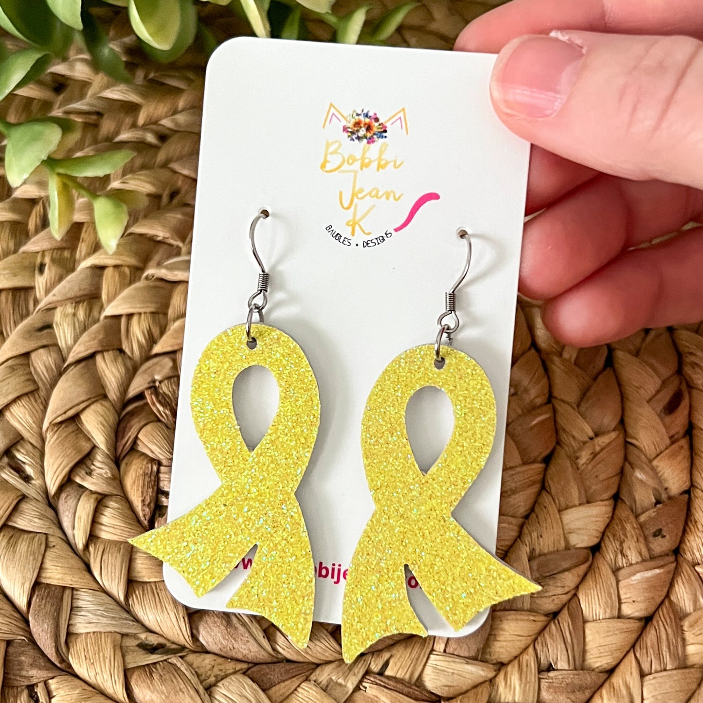 Yellow Infused Glitter "Flared" Awareness Ribbon Earrings: Sarcoma/Bone Cancer, Support Our Troops