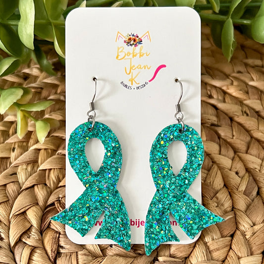 Teal Chunky Glitter "Flared" Awareness Ribbon Earrings: Sexual Assault Awareness, Ovarian Cancer