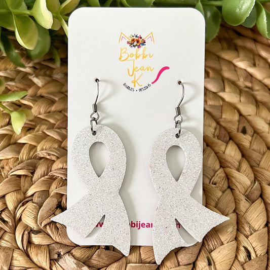 White Infused Glitter "Flared" Awareness Ribbon Earrings: Lung Cancer