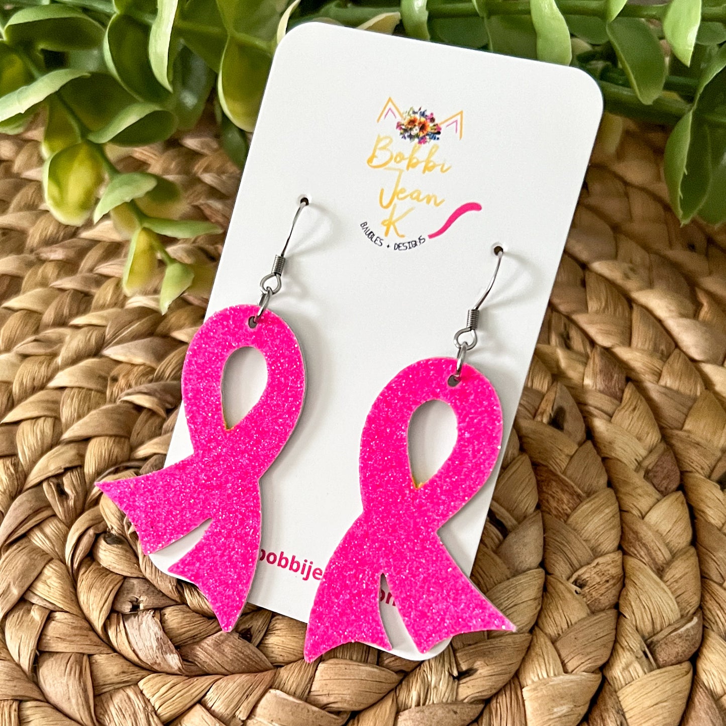 Hot Pink Infused Glitter "Flared" Awareness Ribbon Earrings: Breast Cancer