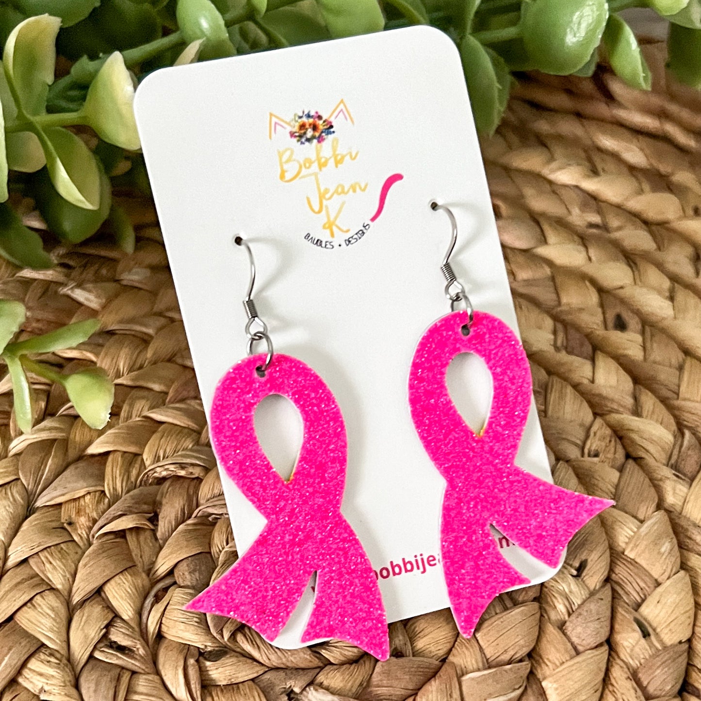 Hot Pink Infused Glitter "Flared" Awareness Ribbon Earrings: Breast Cancer