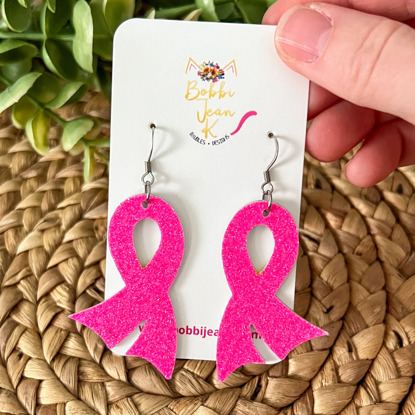 Hot Pink Infused Glitter "Flared" Awareness Ribbon Earrings: Breast Cancer