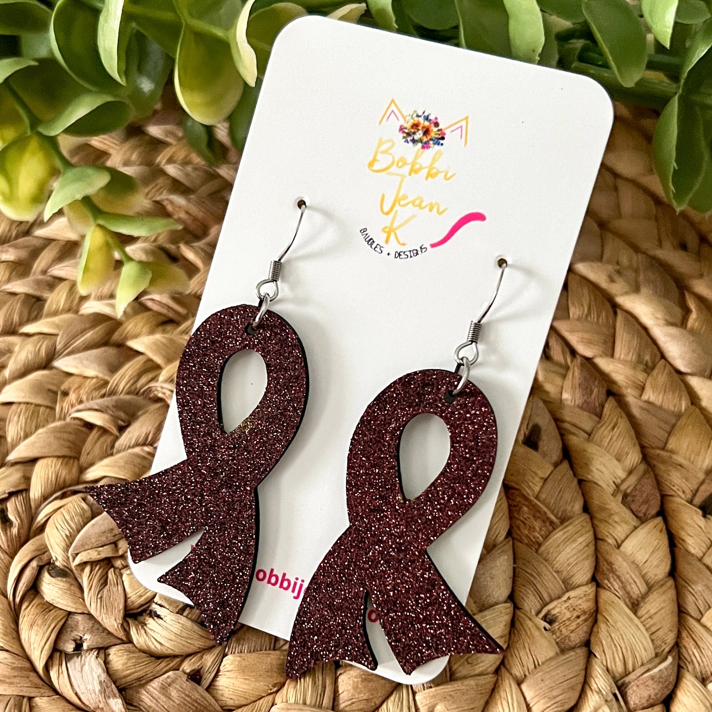 Burgundy Infused Glitter "Flared" Awareness Ribbon Earrings: Multiple Myeloma, Brain Aneurysms