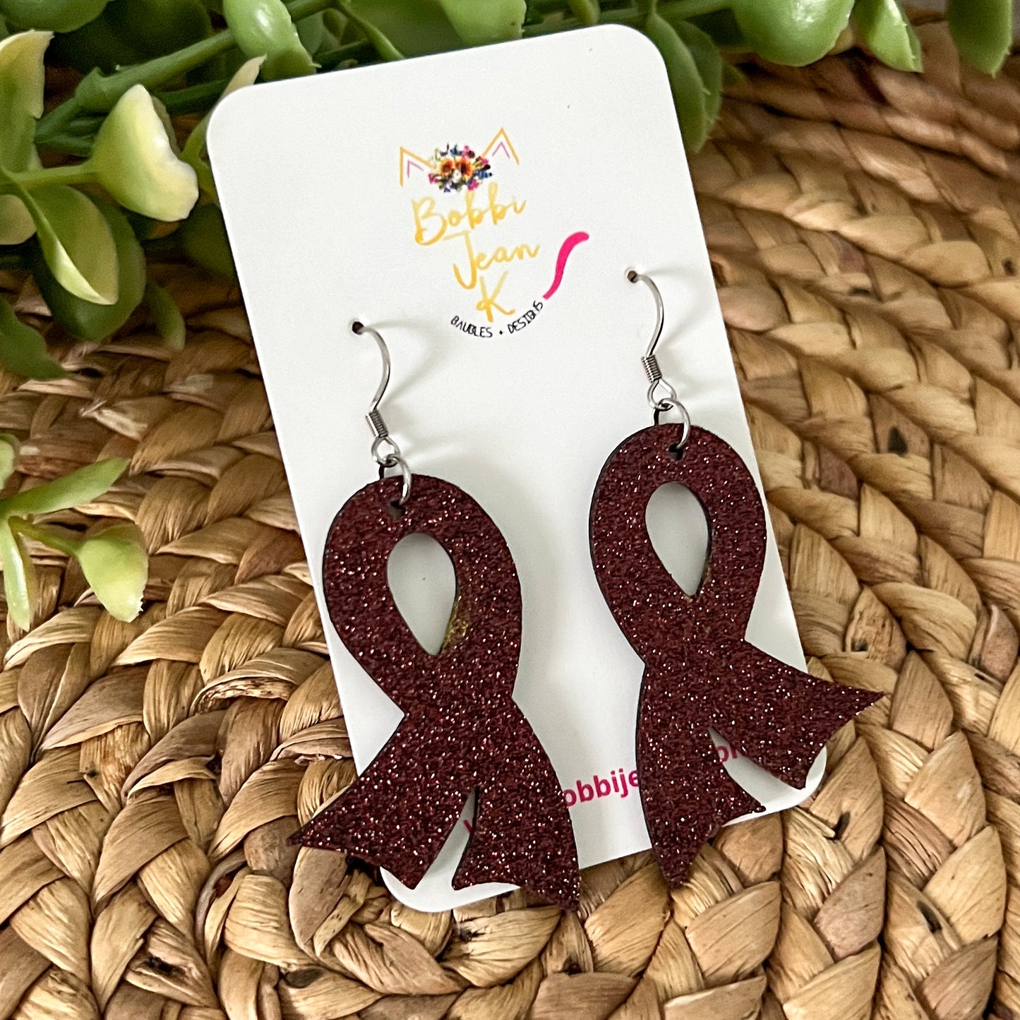 Burgundy Infused Glitter "Flared" Awareness Ribbon Earrings: Multiple Myeloma, Brain Aneurysms