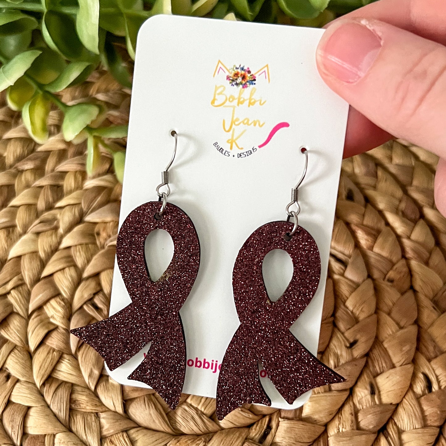 Burgundy Infused Glitter "Flared" Awareness Ribbon Earrings: Multiple Myeloma, Brain Aneurysms