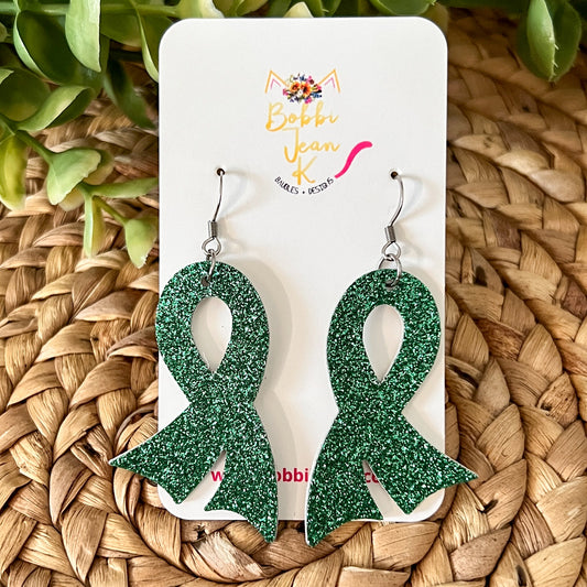 Green Infused Glitter "Flared" Awareness Ribbon Earrings: Gall Bladder/Bile Duct Cancer, Liver Cancer, Mental Health Awareness