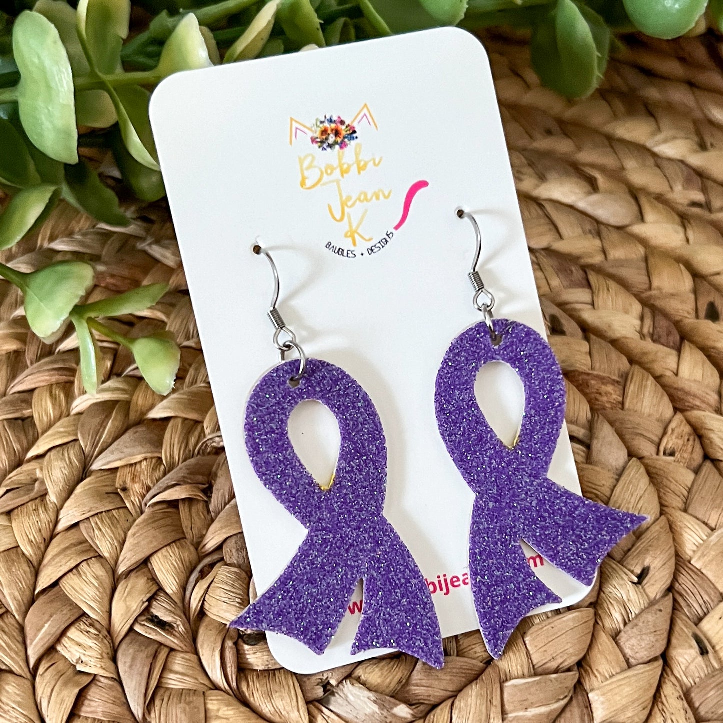 Purple Infused Glitter "Flared" Awareness Ribbon Earrings: Pancreatic Cancer, Leiomyosarcoma, Vitaligo, Premature Birth, Alzheimer's, Epilepsy & Seizure Disorders, Ulcerative Colitis, Crohn's Disease