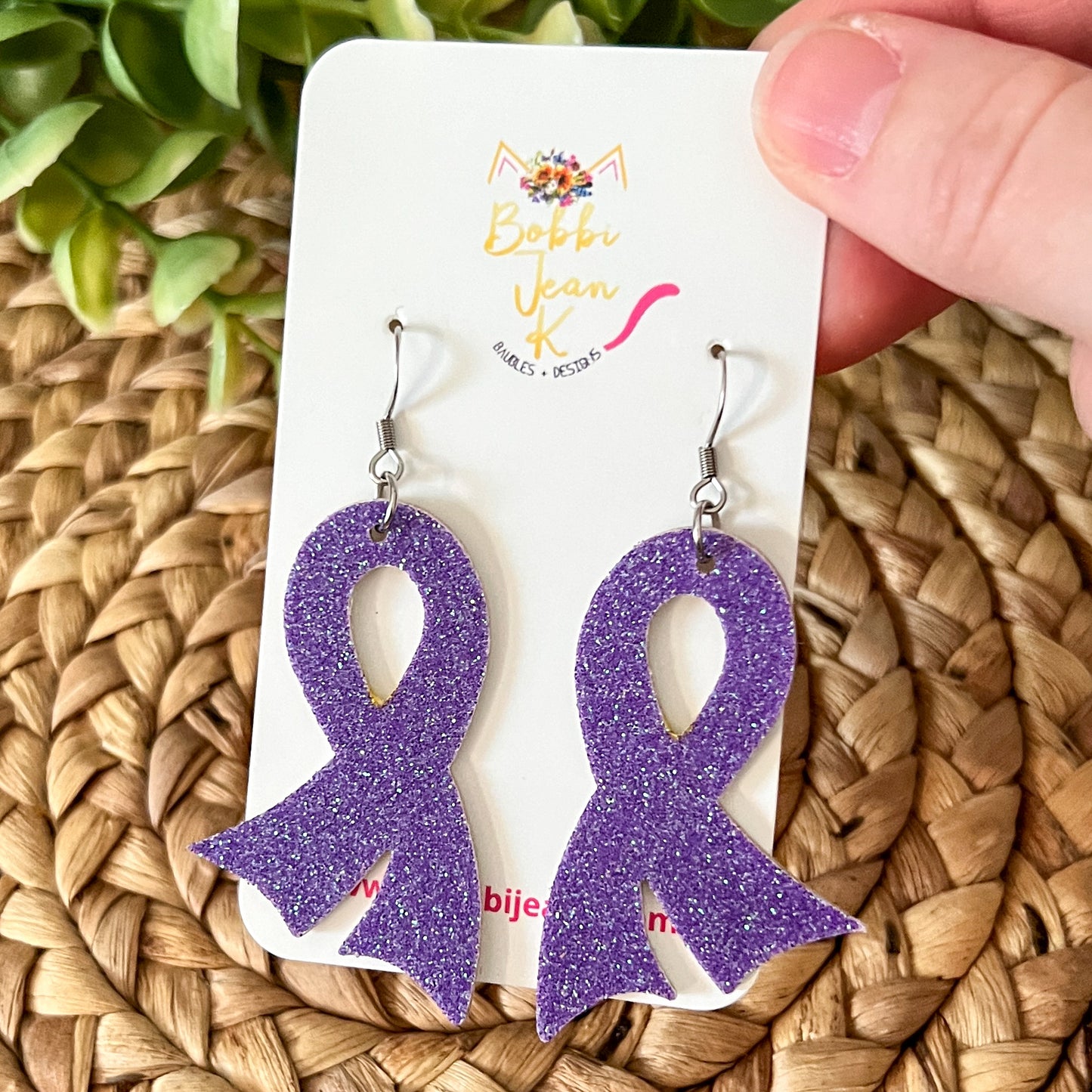 Purple Infused Glitter "Flared" Awareness Ribbon Earrings: Pancreatic Cancer, Leiomyosarcoma, Vitaligo, Premature Birth, Alzheimer's, Epilepsy & Seizure Disorders, Ulcerative Colitis, Crohn's Disease