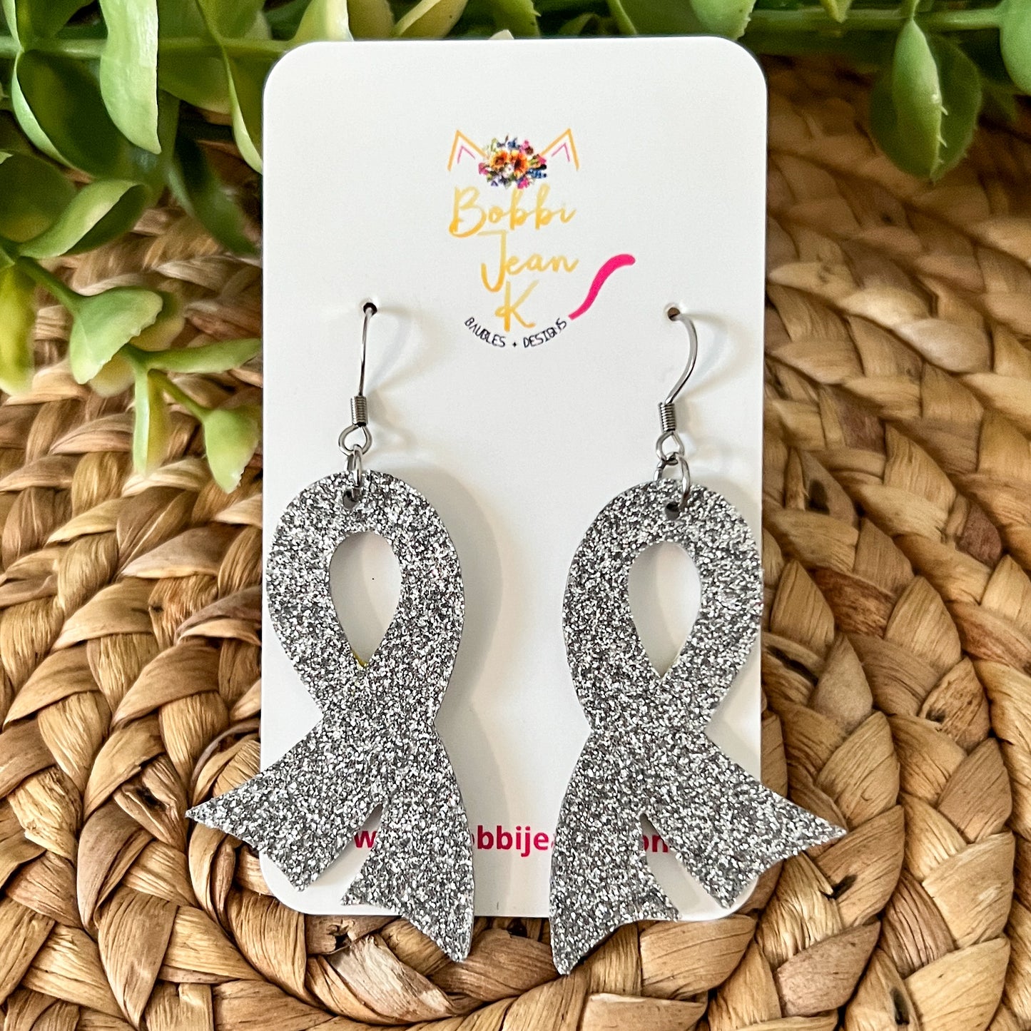 Silver/Gray Infused Glitter "Flared" Awareness Ribbon Earrings: Brain Cancer