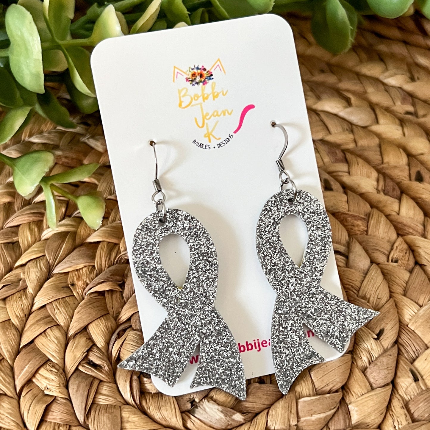 Silver/Gray Infused Glitter "Flared" Awareness Ribbon Earrings: Brain Cancer