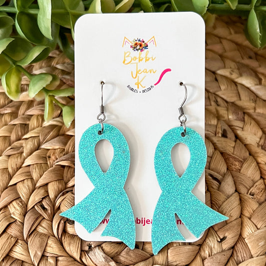 Teal/Turquoise Infused Glitter "Flared" Awareness Ribbon Earrings: Ovarian Cancer, Dysautonomia