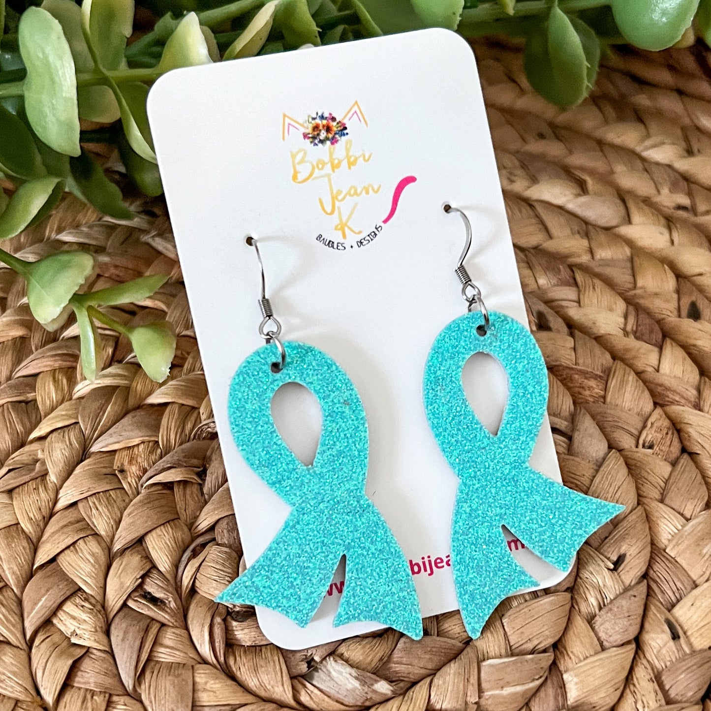Teal/Turquoise Infused Glitter "Flared" Awareness Ribbon Earrings: Ovarian Cancer, Dysautonomia