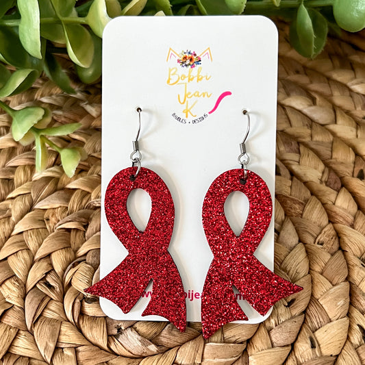 Red Infused Glitter "Flared" Awareness Ribbon Earrings: World AIDS Day, Blood Cancer