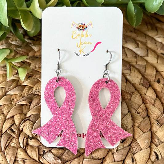 Pink Shimmer Infused Glitter "Flared" Awareness Ribbon Earrings: Breast Cancer