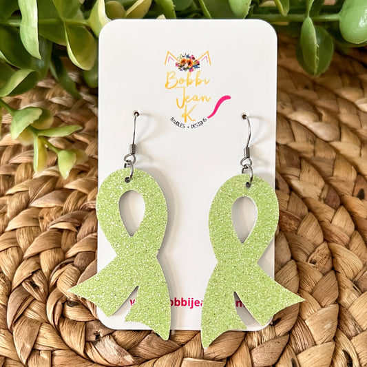 Lime Green Infused Glitter "Flared" Awareness Ribbon Earrings: Non-Hodgkin Lymphoma, Childhood Mental Illness/Depression/Mood Disorders