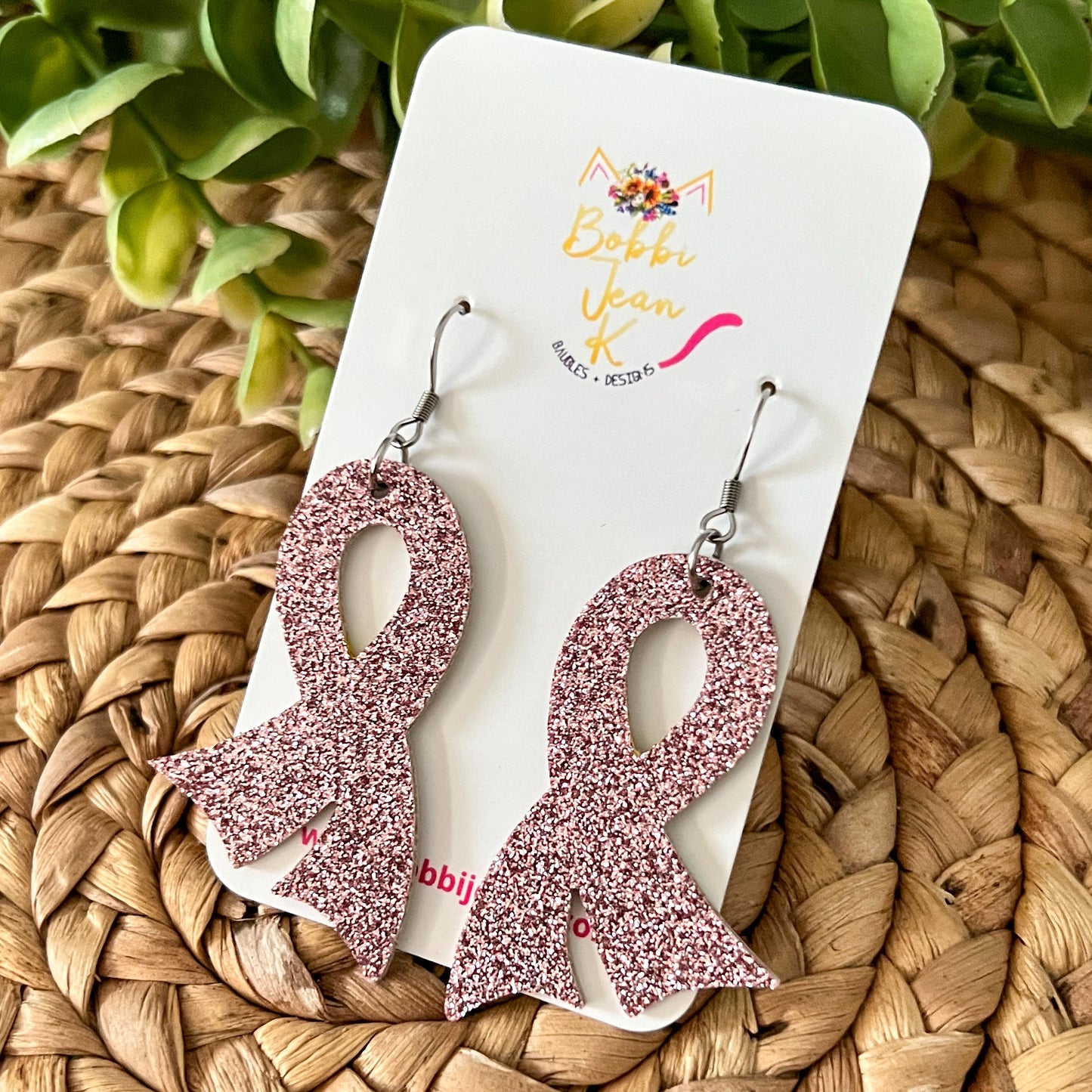 Rose Pink Infused Glitter "Flared" Awareness Ribbon Earrings: Breast Cancer