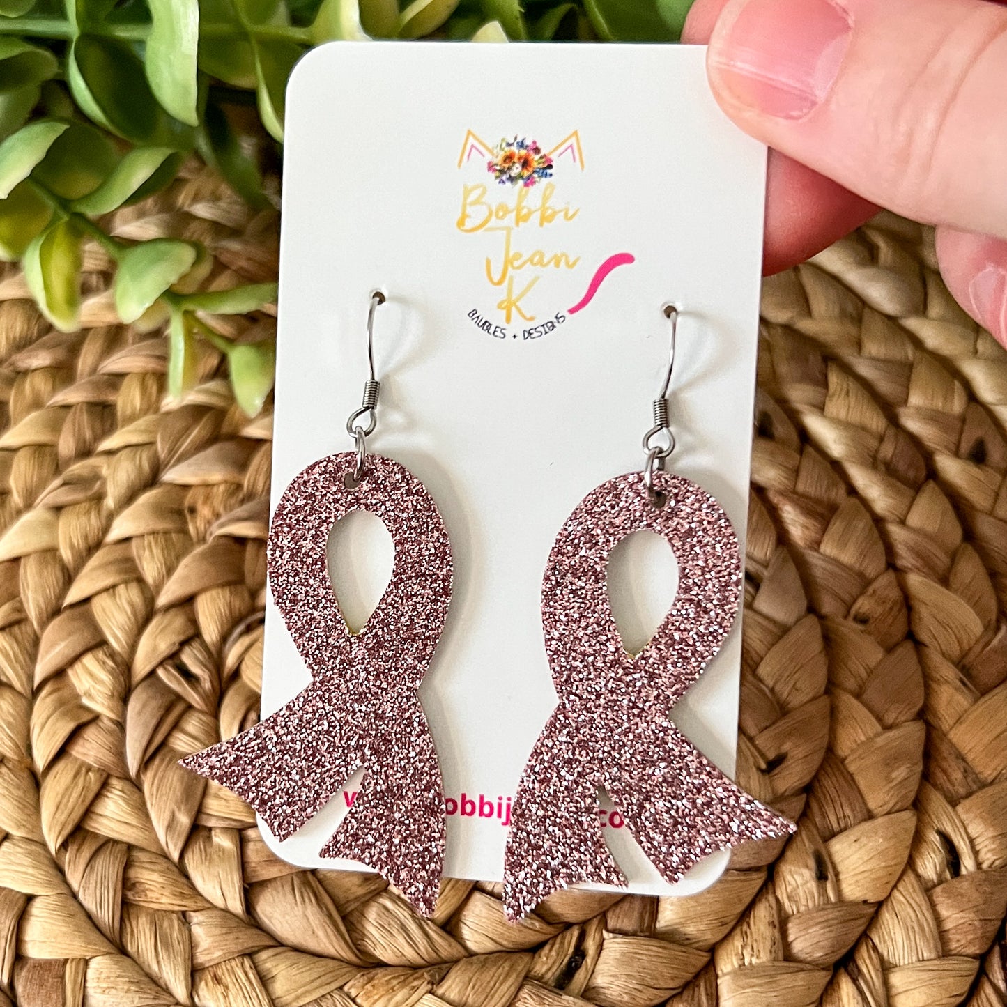 Rose Pink Infused Glitter "Flared" Awareness Ribbon Earrings: Breast Cancer