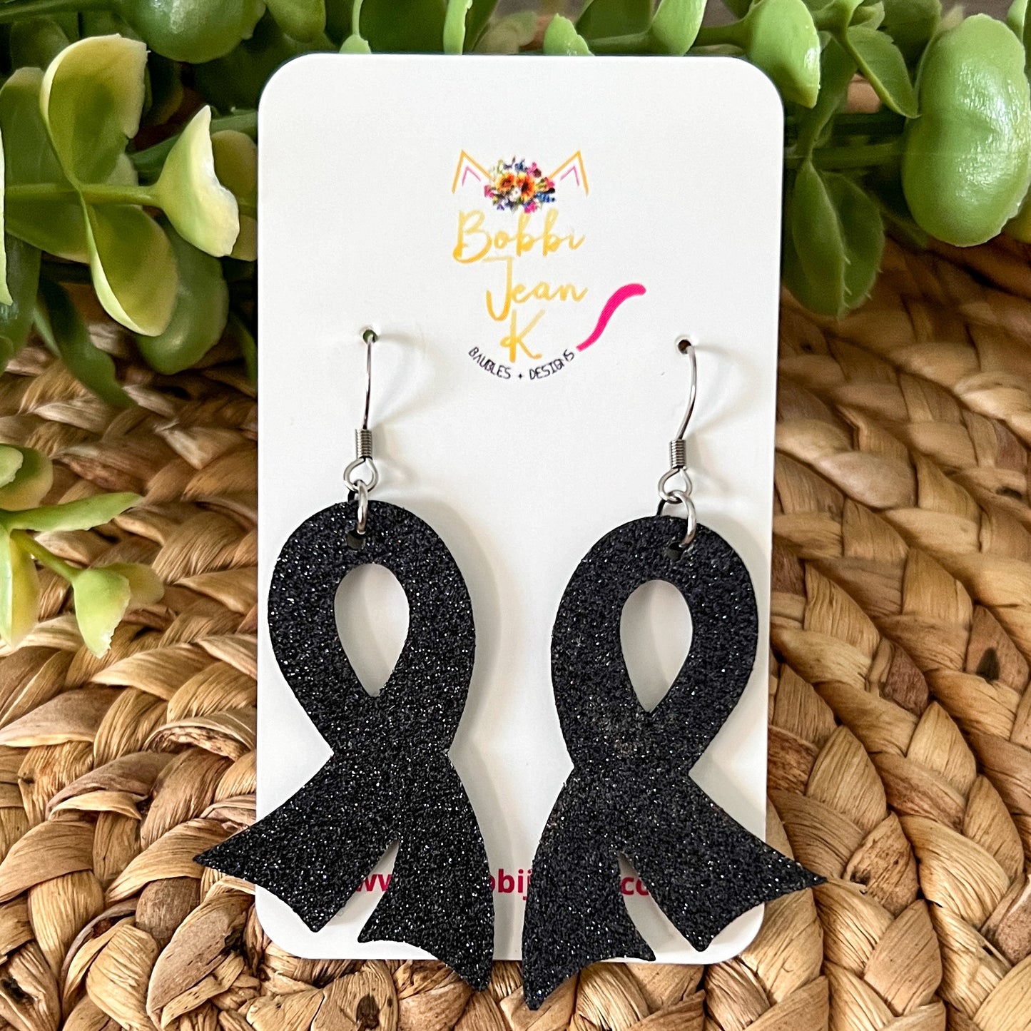 Navy/Dark Blue Infused Glitter "Flared" Awareness Ribbon Earrings: Colon Cancer