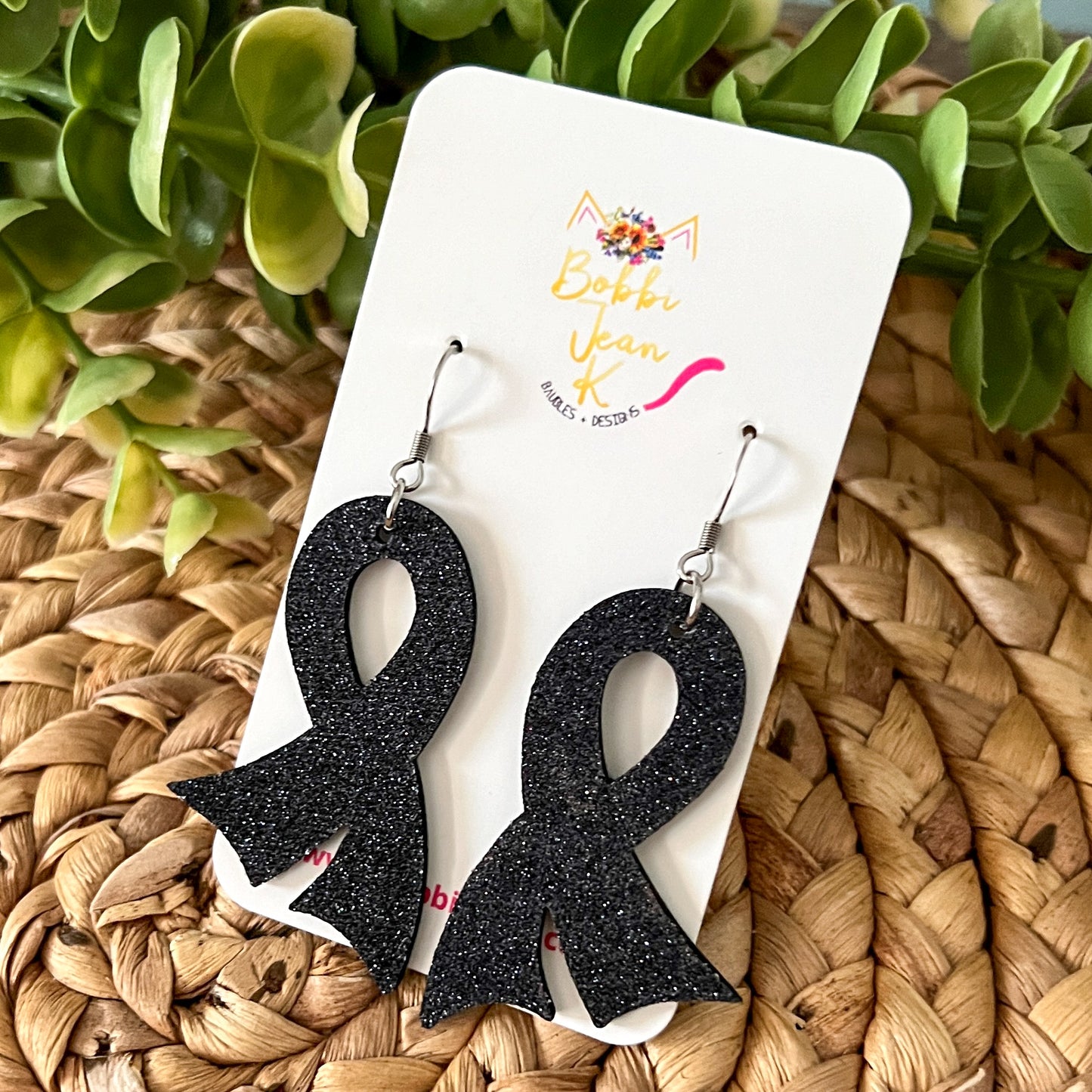 Navy/Dark Blue Infused Glitter "Flared" Awareness Ribbon Earrings: Colon Cancer