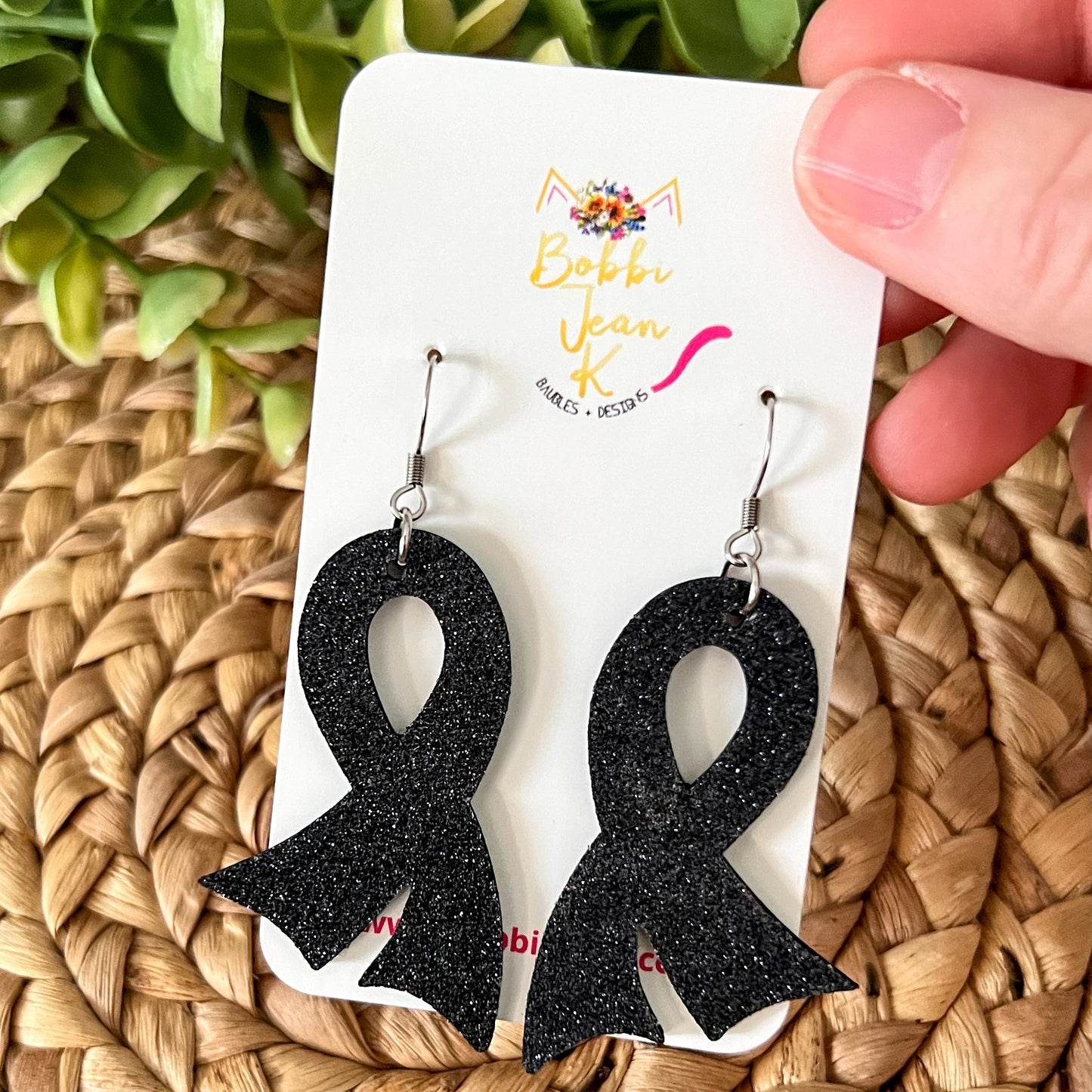 Navy/Dark Blue Infused Glitter "Flared" Awareness Ribbon Earrings: Colon Cancer