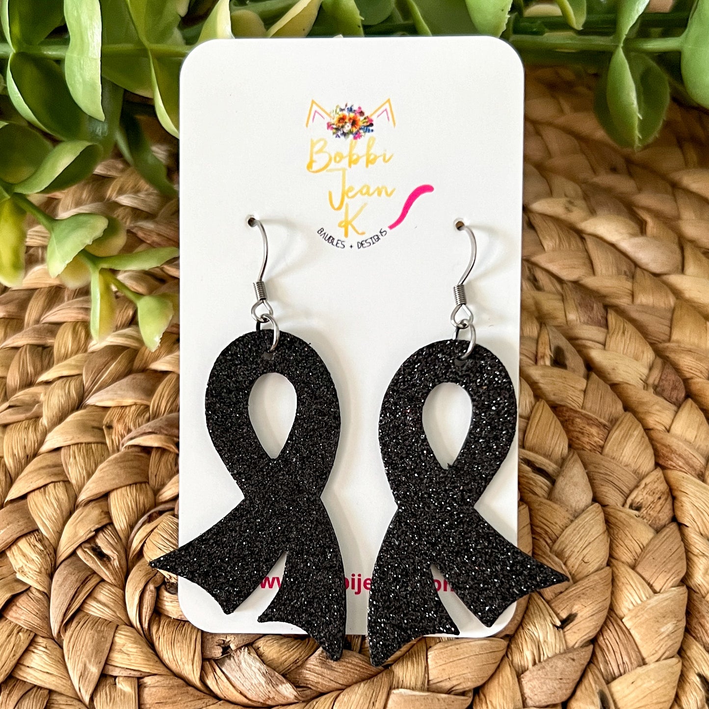 Black Infused Glitter "Flared" Awareness Ribbon Earrings: Melanoma & Skin Cancer