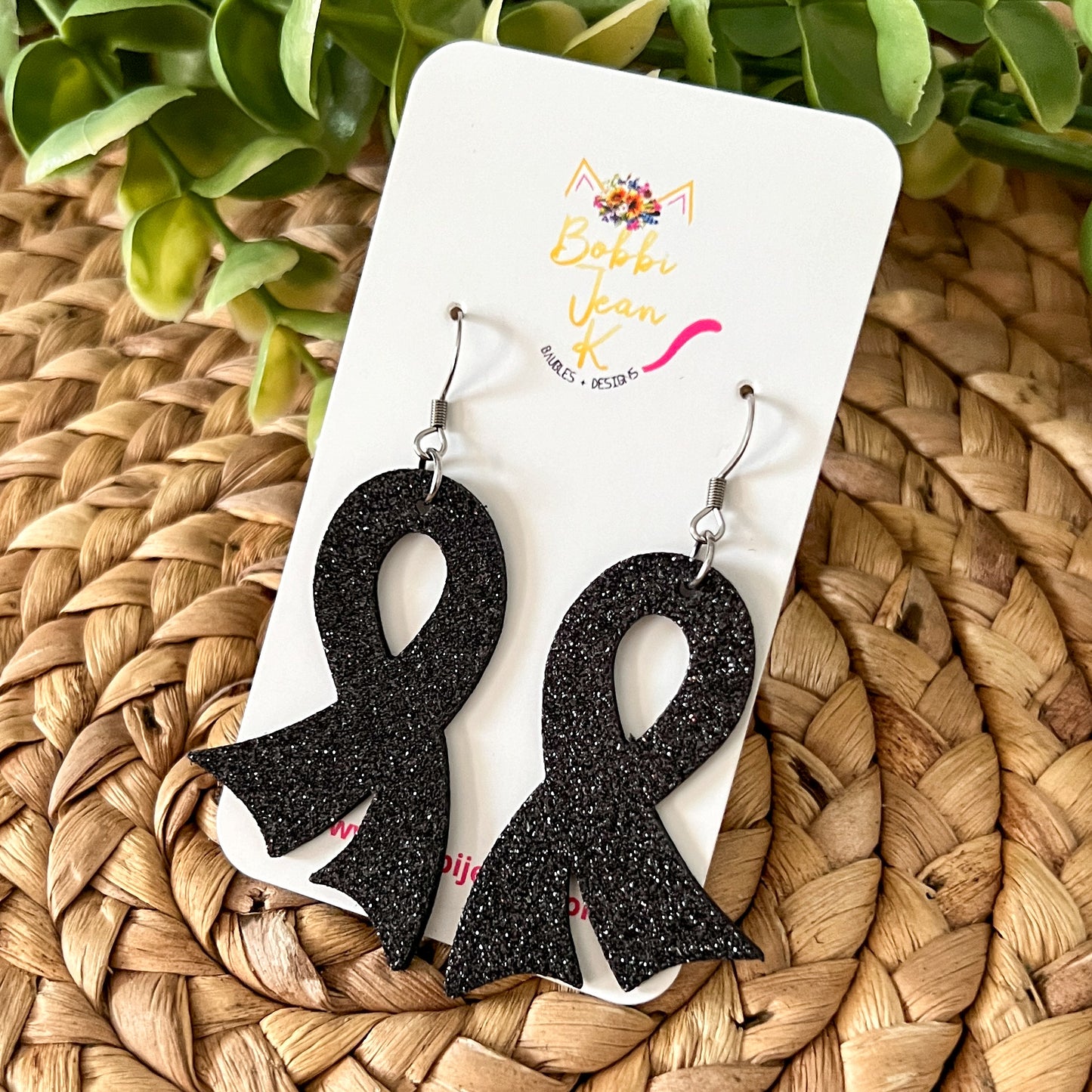 Black Infused Glitter "Flared" Awareness Ribbon Earrings: Melanoma & Skin Cancer