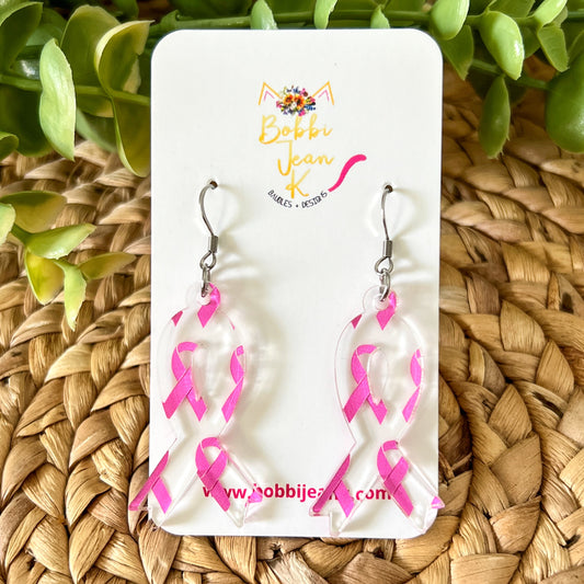 Pink Ribbon Acrylic Awareness Ribbon Earrings: Breast Cancer