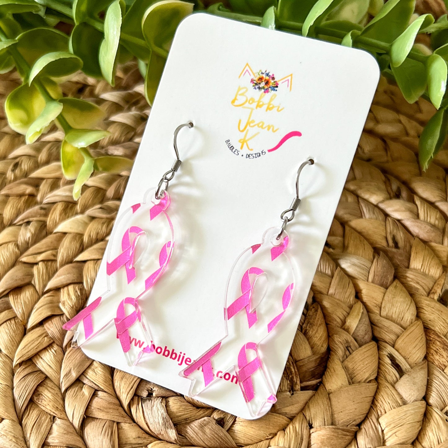 Pink Ribbon Acrylic Awareness Ribbon Earrings: Breast Cancer