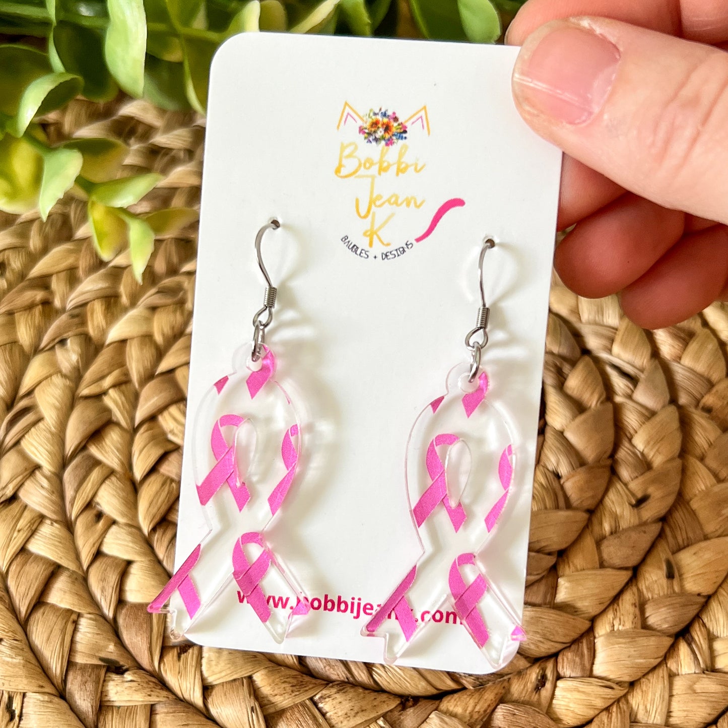 Pink Ribbon Acrylic Awareness Ribbon Earrings: Breast Cancer