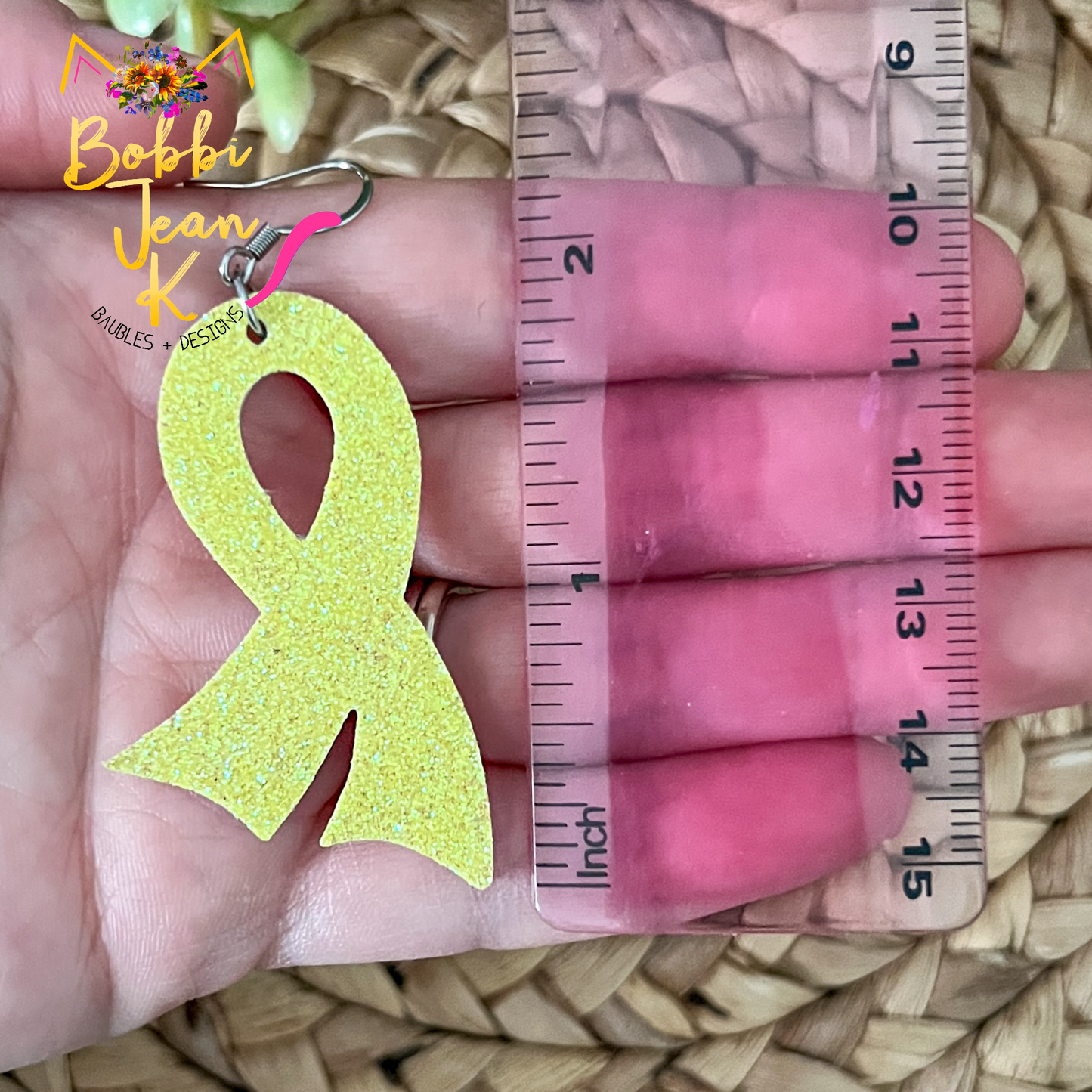 Yellow Infused Glitter "Flared" Awareness Ribbon Earrings: Sarcoma/Bone Cancer, Support Our Troops