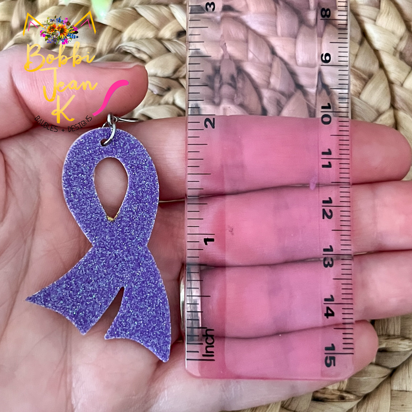 Purple Infused Glitter "Flared" Awareness Ribbon Earrings: Pancreatic Cancer, Leiomyosarcoma, Vitaligo, Premature Birth, Alzheimer's, Epilepsy & Seizure Disorders, Ulcerative Colitis, Crohn's Disease