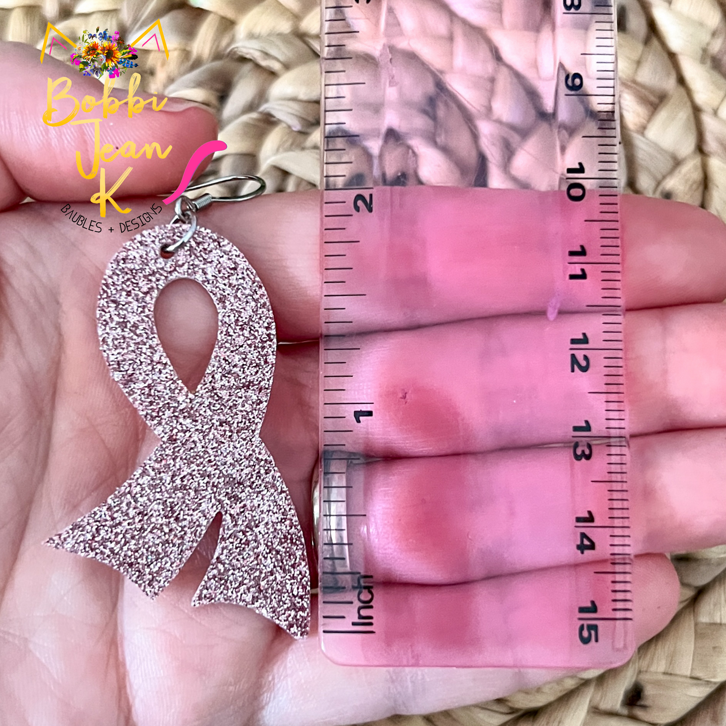 Rose Pink Infused Glitter "Flared" Awareness Ribbon Earrings: Breast Cancer