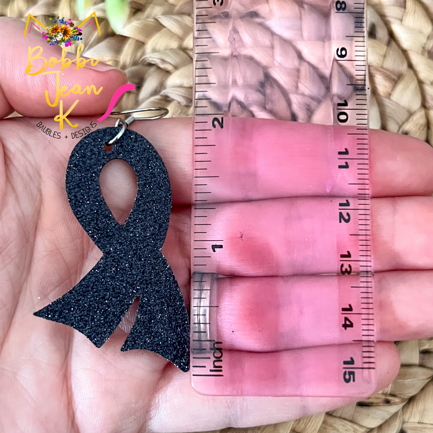 Navy/Dark Blue Infused Glitter "Flared" Awareness Ribbon Earrings: Colon Cancer