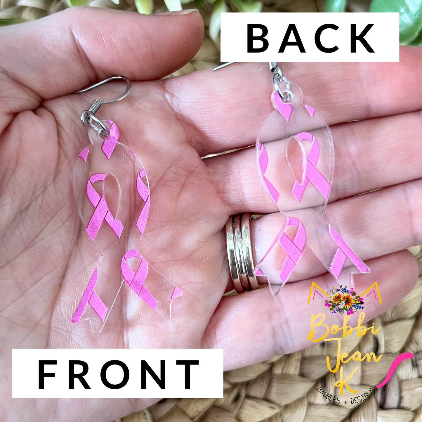 Pink Ribbon Acrylic Awareness Ribbon Earrings: Breast Cancer