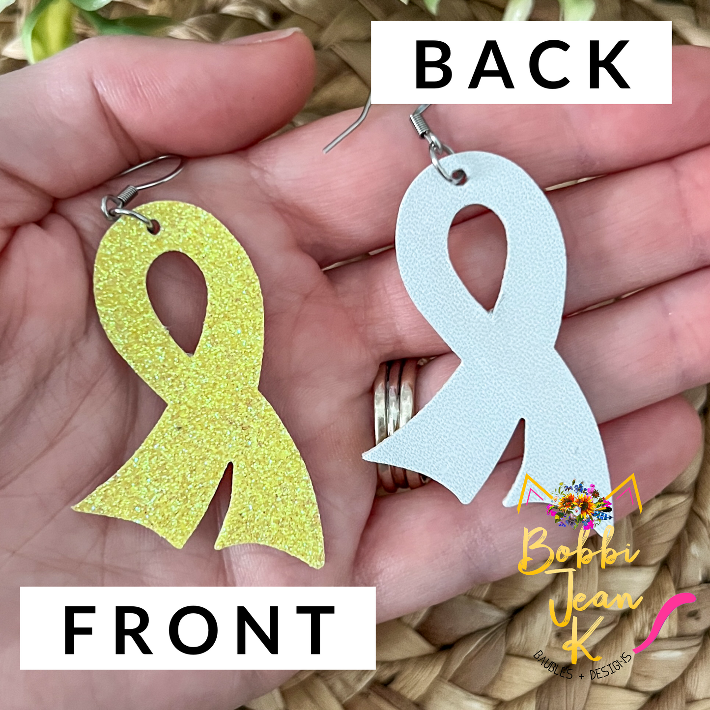 Yellow Infused Glitter "Flared" Awareness Ribbon Earrings: Sarcoma/Bone Cancer, Support Our Troops