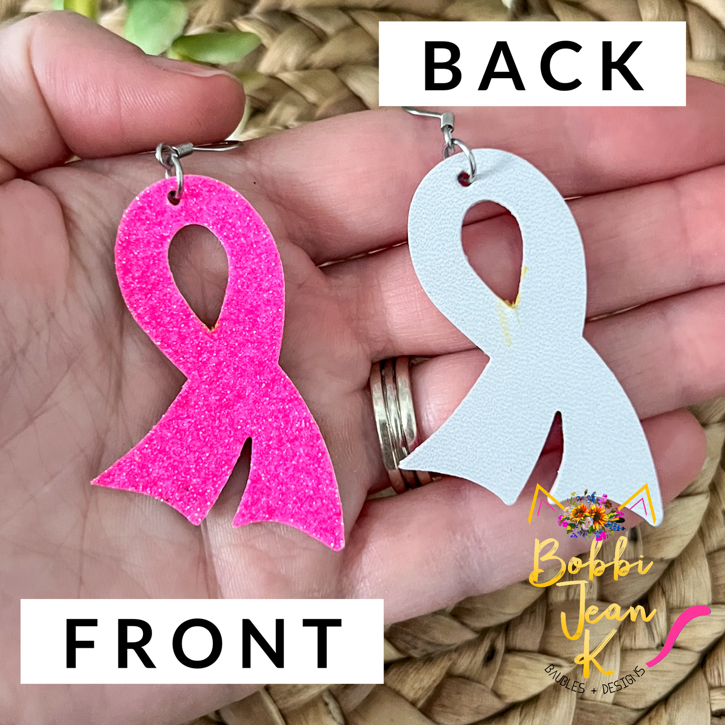 Hot Pink Infused Glitter "Flared" Awareness Ribbon Earrings: Breast Cancer