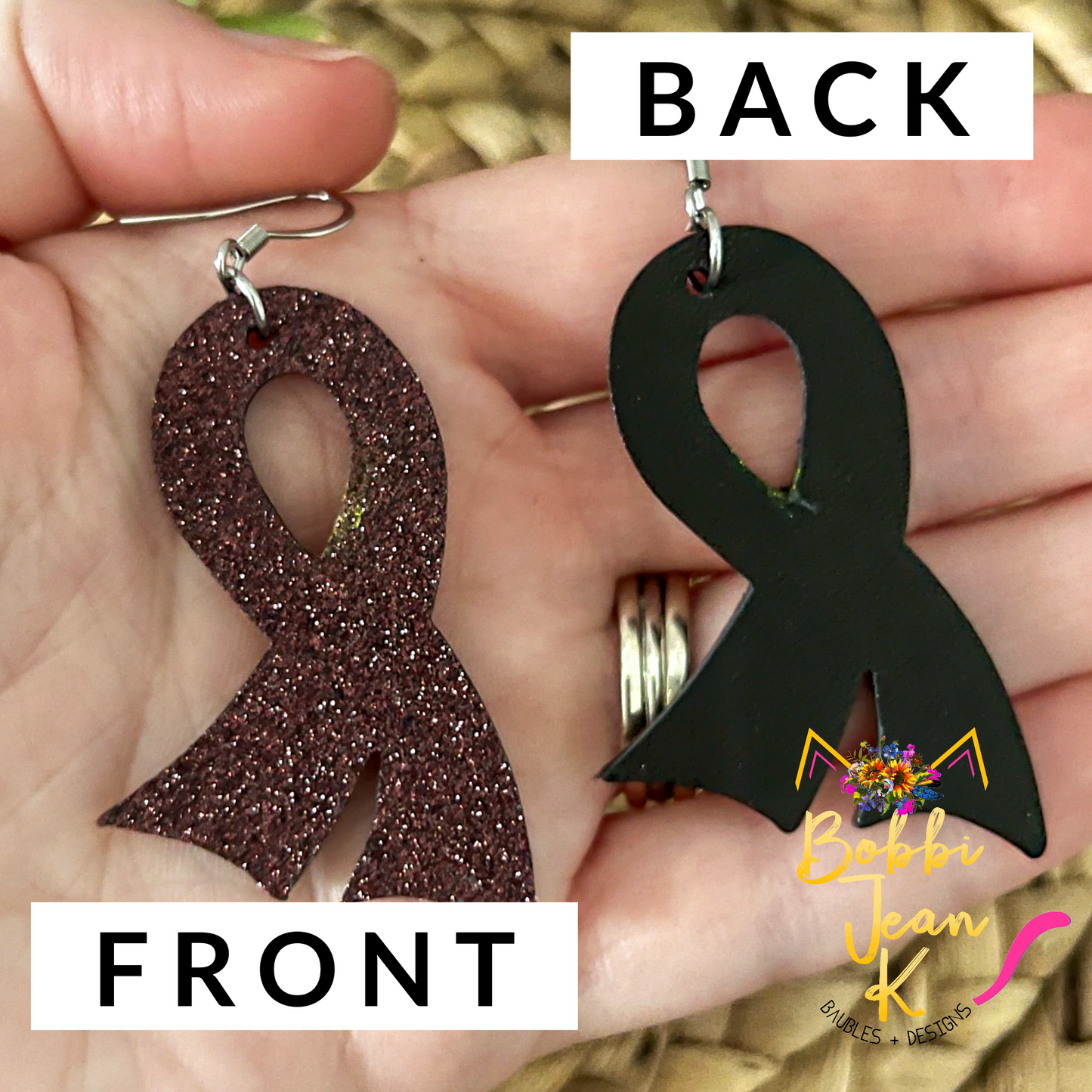 Burgundy Infused Glitter "Flared" Awareness Ribbon Earrings: Multiple Myeloma, Brain Aneurysms