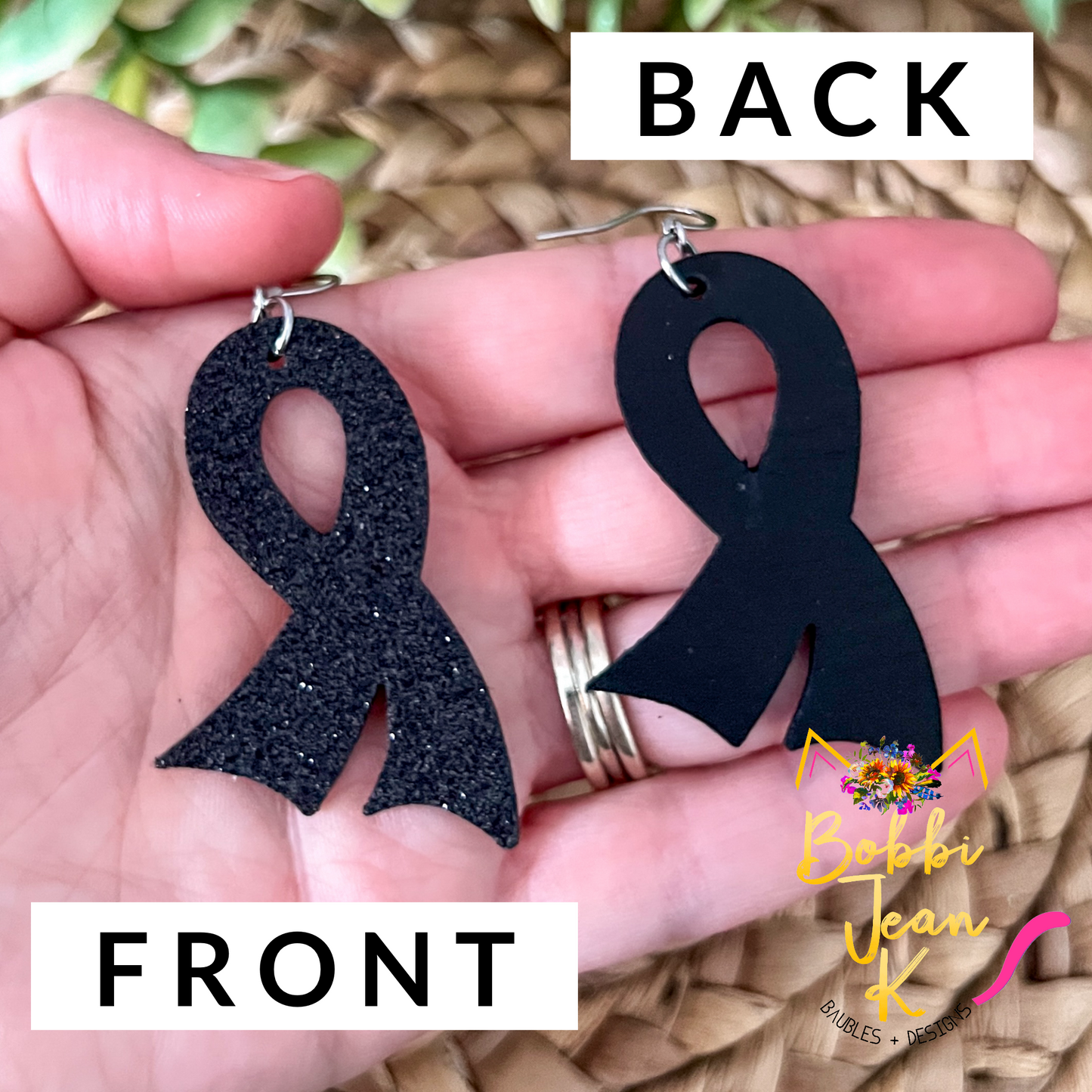 Black Infused Glitter "Flared" Awareness Ribbon Earrings: Melanoma & Skin Cancer