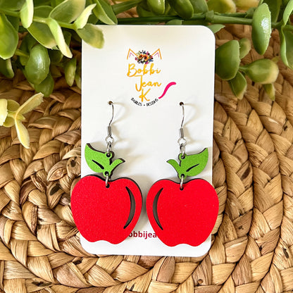 Apple Wood Dangle Earrings: Choose From Red or Green