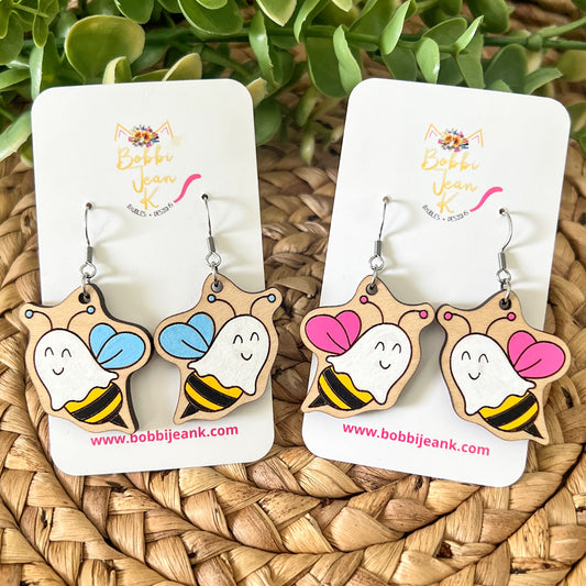 "Boo-Bee" Hand Painted Wood Earrings: Choose From Pink or Ice Blue